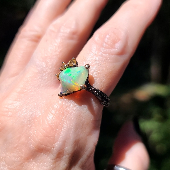 Raw Fire Opal & citrine Sterling & Rhodium ring sz 8.5 - Picture 5 of 8
